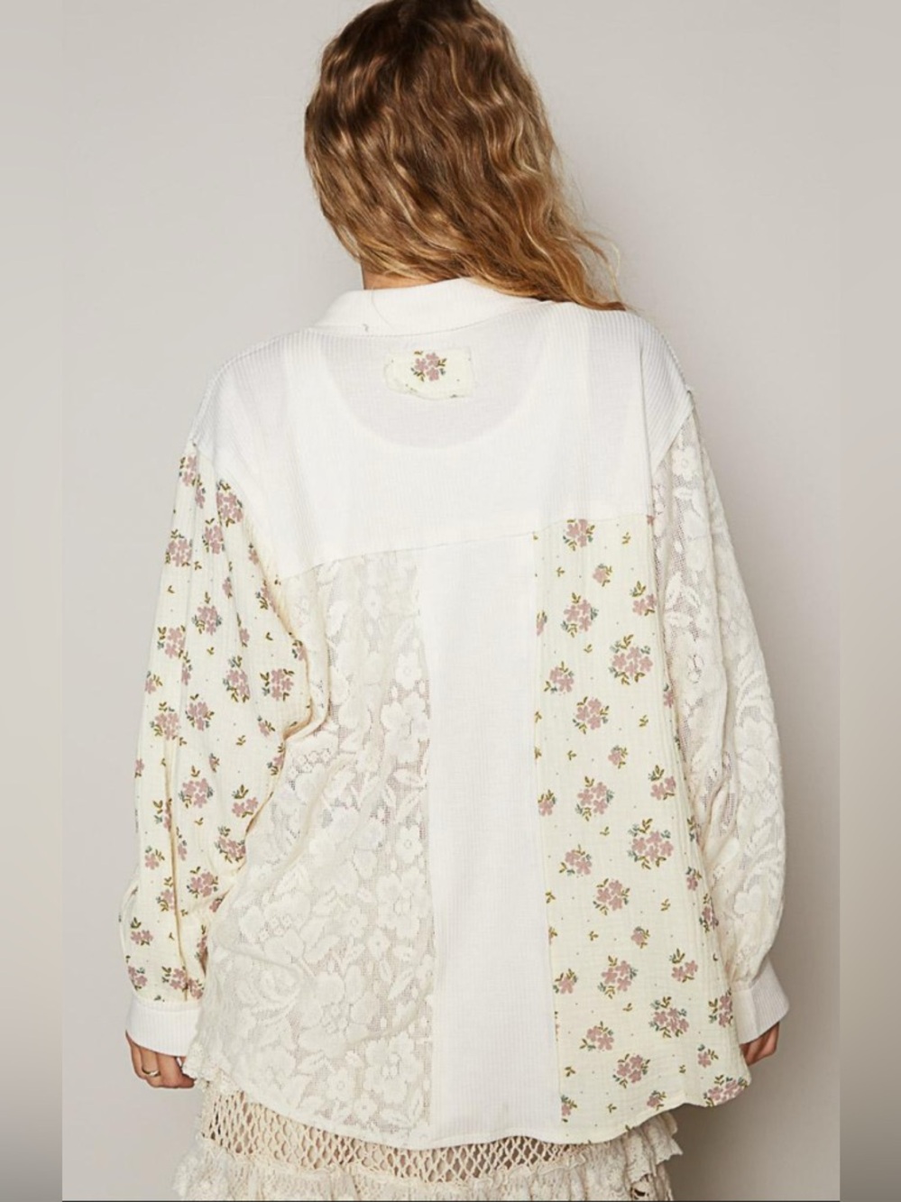 POL Romantic Floral Blouse Mixed Media Button Down Whimsical Spring Layering - Picture 2 of 11
